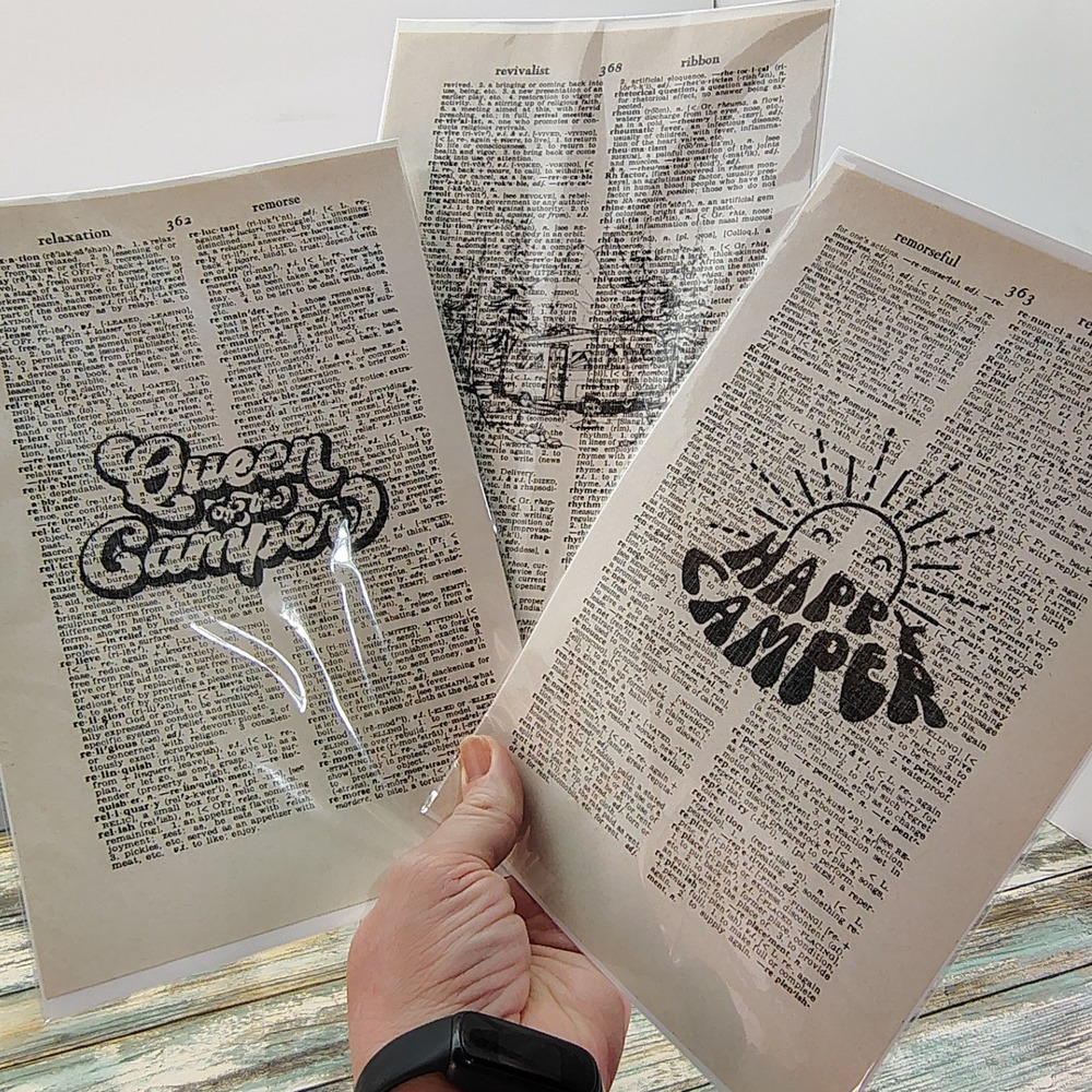 Queen of the Camper Happy Camper Vintage Dictionary Page Decor Rustic Style 3pgs
